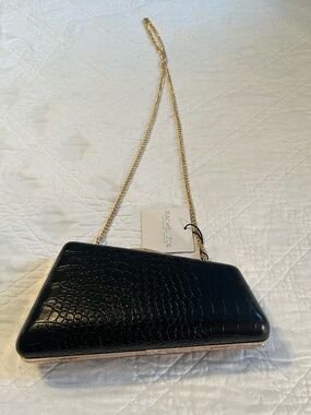 Rachel Zoe Box Clutch Crossbody Black Croc Embossed Gold Tone Chain Formal NWT